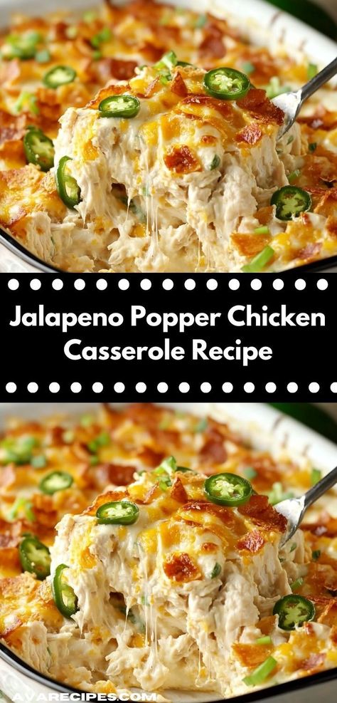 Craving a satisfying meal? This Jalapeno Popper Chicken Casserole is bursting with flavor and topped with creamy cheese. It's an easy dinner recipe that the whole family will love, perfect for busy weeknights. Jalapeño Popper Chicken Casserole, Jalapeno Popper Chicken Casserole, Popper Chicken Casserole, Popper Casserole, Popper Chicken, Creamy Jalapeno, Chicken Casserole Recipe, Yummy Casserole Recipes, Jalapeno Popper Chicken