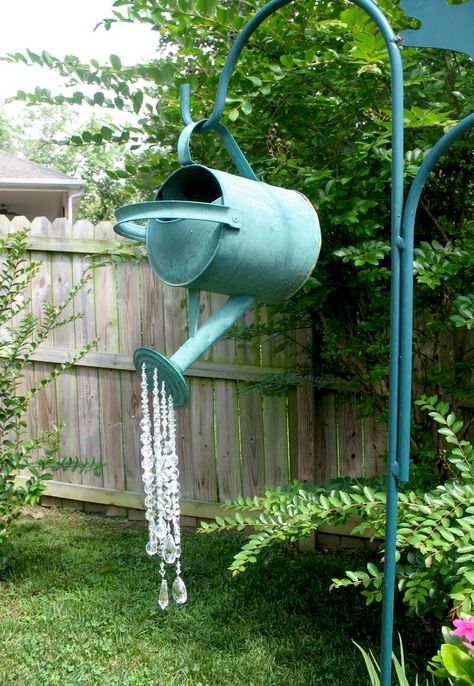 Beaded Watering Can - Scrapbook.com Watering Can Yard Art, Watering Can Garden Art, Old Watering Cans Ideas Garden Art, Watering Can Display, Watering Can Garden Decor, Watering Can With Lights Pouring Out, Watering Can With Beads Pouring Out, Watering Can Planter Ideas, Watering Can Decor Ideas