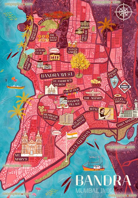 Mumbai top tourist attractions map - Downloadable Bandra tourist guide for visitors - Illustrated map for children, family in English showing simple outline of neighborhoods, districts, roads, must-see places, free to download layout plan Svabhu Kohli, Mumbai Map, Mumbai Trip, Mumbai Travel, Layout Plan, Mumbai City, Tourist Map, Tourist Guide, City Road