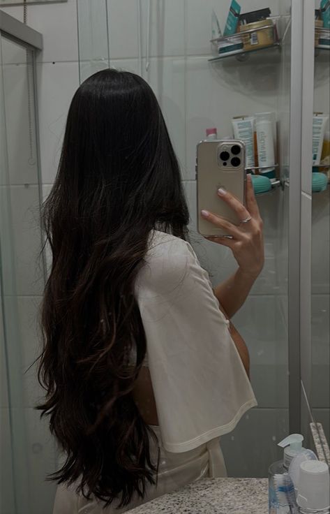 Long Brunette Hair Aesthetic, Hair Claims, Dark Brown Long Hair, Visualization Board, Haircare Tips, Long Shiny Hair, Butterfly Cut, Hair Maintenance, Beautiful Long Hair