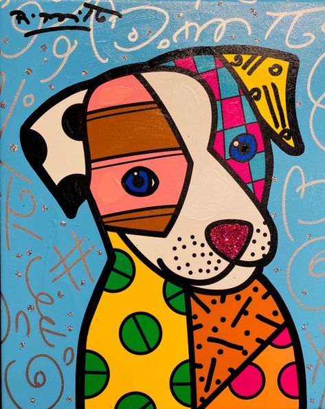 Romero Britto | ArtCloud Pop Art Drawings Ideas, Pop Art Painting Ideas, Animal Pop Art, Romero Britto Coloring Pages, Romero Britto Art Lesson, Romeo Britto Art, Romero Britto Valentines Art, Romero Britto Elementary Art, Dog Painting Pop Art