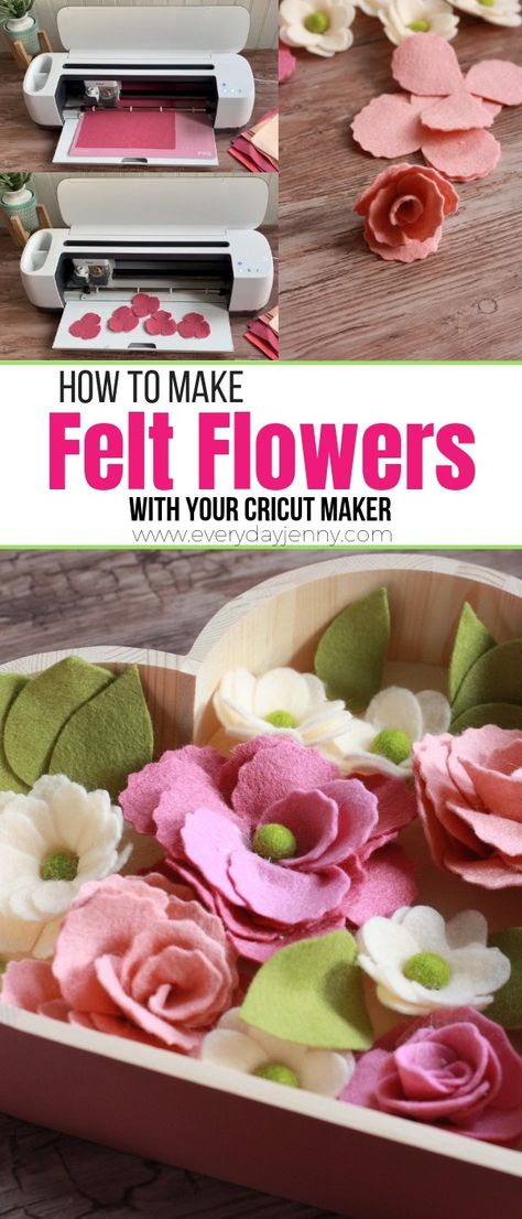 FELT FLOWER VALENTINE DECOR WITH THE CRICUT MAKER | EVERYDAY JENNY Flower Cricut, Make Felt Flowers, Cricut Valentine, Felt Flowers Diy, Cricut Wedding, Projets Cricut, Maker Project, Valentine Decor, Baby Shower Decor