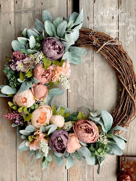 Blue Hydrangea Wreath, Diy Valentines Day Wreath, Diy Floral Wreath, Floral Door Wreaths, Peony Wreath, Spring Floral Wreath, Boho Wreath, Mauve Blush, Lambs Ear Wreath