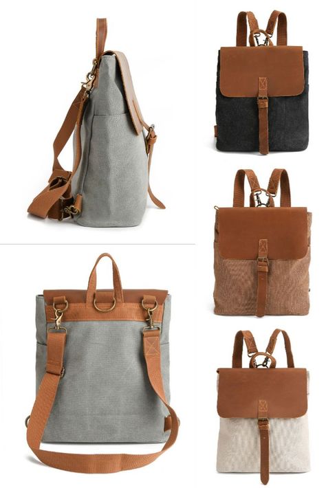 Vintage Simple Genuine Leather Cover Single Buckle Multifunction Shoulder Bag Rucksack School Outdoor Student Canvas Backpack Canvas Backpack Pattern, Leather Backpack Pattern, Backpack Designs, Backpack Pattern Sewing, Canvas Bag Design, Stylish School Bags, Multifunction Bag, Simple Backpack, Canvas Leather Bag