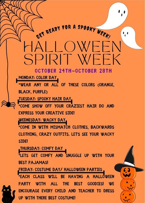 Halloween Spirit Days For School, Preschool Halloween Spirit Week, Halloween Dress Up Days For School, Spirit Week Ideas Halloween, Fall Work Event Ideas, October Spirit Week Ideas Preschool, Halloween Competition Ideas, Halloween Spirit Week Ideas For Preschool, Fall Spirit Week Ideas Preschool