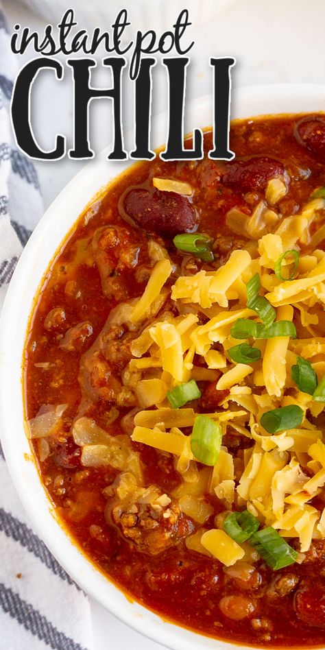 Bowl of chili in a white bowl with cheese on top. Chili Recipe Instant Pot Easy, Instapot Chilli Recipe Easy, Instapot Chilli Recipe, Pressure Cooker Chili Recipes, Chili In The Instant Pot, Easy Chili Instant Pot Recipes, Insta Pot Chili Easy, Instapot Chili Recipe, Steak Chili Recipe Instant Pot