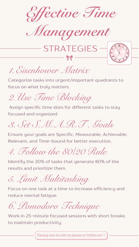 Struggling to manage your time effectively? These time management strategies, including the Eisenhower Matrix, time blocking, and the Pomodoro technique, will help you stay productive and organized. Whether you're planning your goals or optimizing your daily routine, these tips will make a difference! Save this guide for better productivity! The Pomodoro Technique, Eisenhower Matrix, Productive Life, Pomodoro Technique, Time Management Strategies, Effective Time Management, Manage Your Time, Time Blocking, Stay Productive