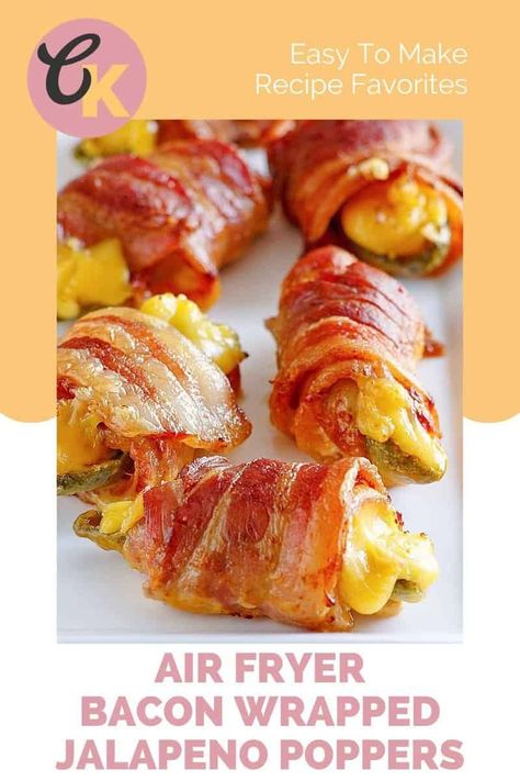 Find out how to make the best cheesy, crispy, bacon wrapped jalapeno poppers in an air fryer! You'll love this easy recipe with only 3 simple ingredients. Bacon wrapped cheese stuffed jalapeno peppers are a great appetizer for parties and game day. These tasty jalapenos are low carb and keto friendly. Cheese Stuffed Jalapeno Peppers, Jalapeno Poppers Bacon Wrapped, Air Fryer Jalapeno Poppers, Air Fryer Jalapeno, Wrapped Jalapeno Poppers, Bacon Wrapped Cheese, Stuffed Jalapeno, Bacon Wrapped Jalapeno Poppers, Homemade Appetizer