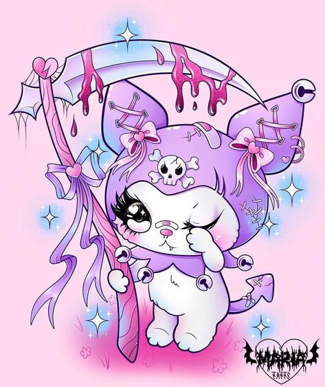 Kuromi Digital Art, Pastel Goth Cartoon, Pastel Gore Art, Goth Kawaii Art, Kuromi Art, Kawaii Demon, Kuromi Human, Creepy Kawaii, Dark Kawaii