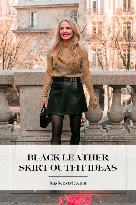 Elevate your style with 10 Black Leather Skirt Outfit Ideas for a fierce Fall & Winter wardrobe! Whether it's for the office, a night out, or casual everyday wear, these outfit inspirations make leather a must-have. Step into the edgy side and embrace the sexiness and uniqueness of leather fashion. #LeatherSkirtStyle #FallFashionInspo #EdgyElegance Leather And Sweater Outfit, Black Leather Skirts Mini Outfit, Fall Black Leather Skirt Outfit, Faux Leather Mini Skirt Outfit Winter, Mini Skirt Winter Outfit 2024, Leather Skirt Date Night Outfit, Outfit With Black Leather Skirt, How To Style A Long Leather Skirt, Leather Mini Skirt Outfit Casual