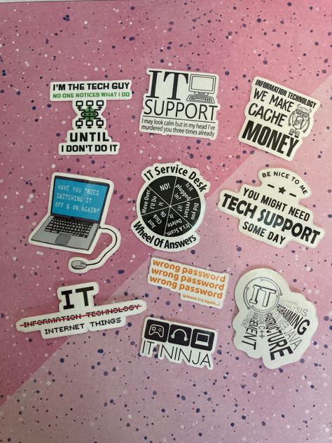 Tech Support | IT information technology | funny tech support Stickers Pack made with Matte Vinyl Stickers Set. Sizes range 1-2.5 inches. Sold as pack Unique Designs funny tech support stickers, IT jokes, information technology pun etc Vibrant Color Vinyl Sticker, Printed in the USA, Waterproof, Dishwasher Safe Strong Adhesive, Matte, perfect for any flat surface such as laptop, water bottle, tumb Tech Support Aesthetic, Information Technology Stickers, Information Technology Aesthetic, Stickers Laptop Ideas, Information Technology Design, Technology Stickers, Marketing Stickers, Tech Stickers, Presentation Ideas For School