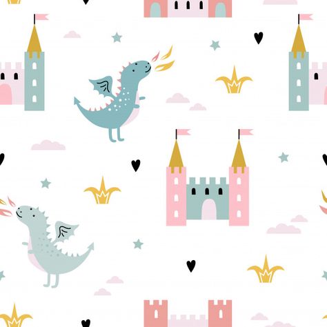 Dragon C, Dragon Castle, Cute Black Kitten, Cat Nursery, Princess Illustration, Unicorn Illustration, Nursery Poster, Unicorn Art, Kids Fabric