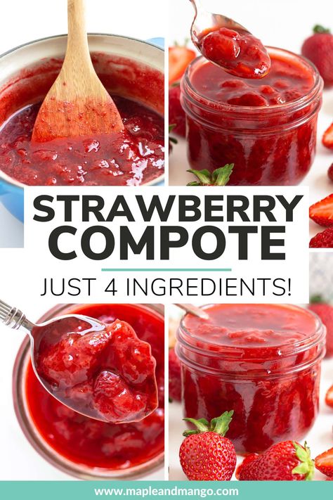 Learn how easy it is to make this super delicious strawberry compote recipe. Just 4 simple ingredients and so versatile! Use it as a strawberry topping on anything from breakfast favorites like pancakes and waffles to desserts like ice cream, cheesecake and more! This easy, homemade strawberry sauce sure is a great way to enjoy the taste of sweet summer strawberries! | www.mapleandmango.com Fresh Strawberry Recipes Easy, Strawberry Compote Recipe, Ice Cream Cheesecake, Strawberry Recipes Easy, Breakfast Favorites, Fresh Strawberry Recipes, Strawberry Treats, Homemade Strawberry Sauce, Compote Recipe