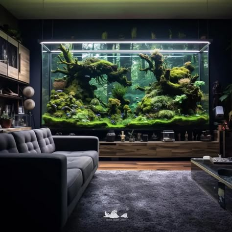 Office Aquarium Ideas, Big Fish Tank In House, Large Aquarium In Living Room, Bathroom Aquarium, Home Tv Wall Aquarium, Luxury Home Aquarium, Big Terrarium, Big Fish Tank, Aquarium In Hall