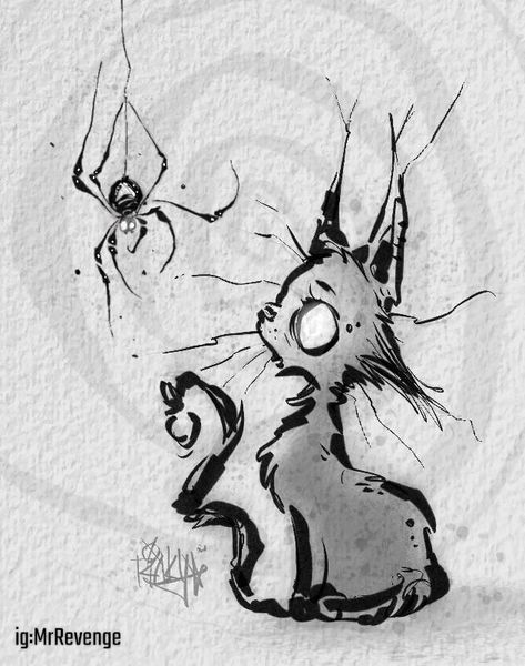 Creepy Cool Drawings, Spooky Drawing Ideas, Snowglobe Tattoo, Lino Inspiration, Spider Cat, Tattoos Simple, Creepy Drawings, Cat Hacks, Halloween Drawings