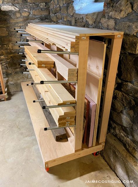 A DIY tutorial to build a lumber rack including plans. Make this movable lumber storage rack to house full sheets and boards. #freeplans Cherry End Tables, Lumber Rack, Lumber Storage, Viking Logo, Woodworking Plans Diy, Free Woodworking Plans, Wood Plans, Woodworking Plans Free, Diy Woodworking