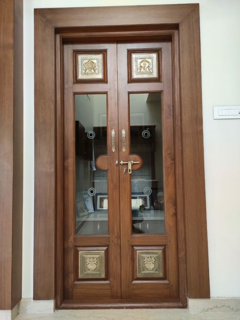 Cupboard Mandir Design, Teak Wood Pooja Door Design, Dev Ghar Design, Gopuram Designs, Puja Room Door, Puja Room Door Design, Temple Door Design, Dev Ghar, Pooja Design