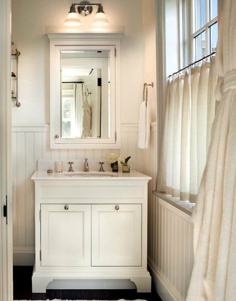 linen cafe curtains powder room Bath Window, White Beadboard, White Wall Paint, Bathroom Window Treatments, 포트폴리오 레이아웃, John B, Transitional Bathroom, Bathroom Windows, Cafe Curtains