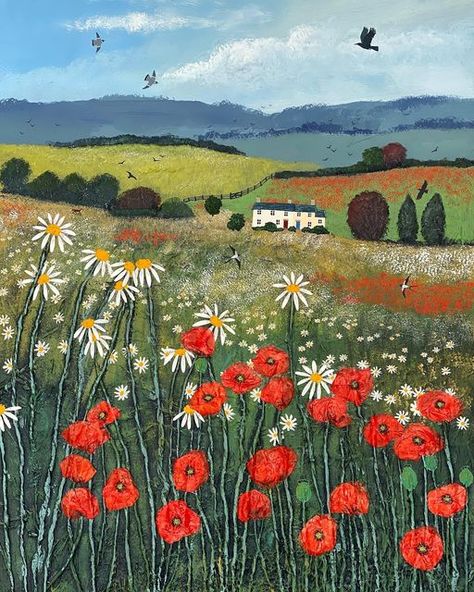 Jo Grundy, Poppy Painting, Acrylic Painting On Paper, Seasons Art, Nature Drawing, Poppy Field, Summer Landscape, Scenic Landscape, Mixed Media Painting