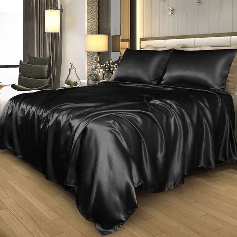 Black Satin Blanket, Black Satin Bedding, Black Satin Sheets Bedroom, Satin Sheets Aesthetic, Black Satin Sheets, Satin Products, Black Bed Sheets, Satin Bed, Soft Sheets