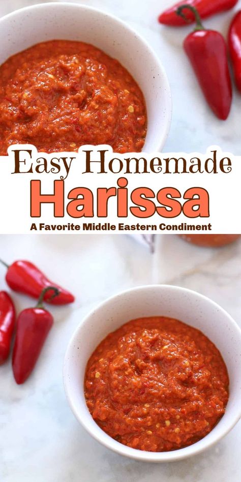 Bowls of sauce from red peppers with Pinterest overlay. Homemade Harissa, Harissa Recipe, Harissa Sauce, Harissa Recipes, Wings Recipe Buffalo, Hot Sauce Recipes, Savory Dishes, Sweet Sauce, Homemade Sauce