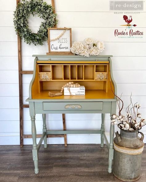 Roll Top Desk Entryway, Secretary Decorating Ideas, Boho Secretary Desk, Farmhouse Writing Desk, Painted Vintage Desk, Antique Writing Desk Makeover, Refinished Secretary Desk, Vintage Desk Aesthetic, Roll Top Desk Makeover Ideas