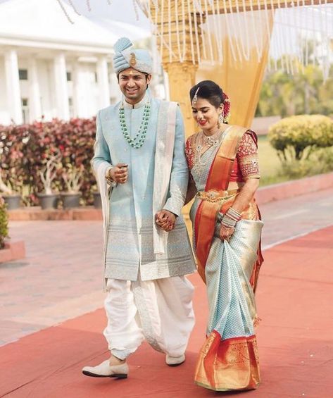 Sarees Combination, Bridegroom Outfits, Wedding Matching Outfits, Saree Ceremony, Indian Matrimony, Indian Wedding Clothes For Men, Wedding Kurta For Men, Groom Dress Men, Wedding Outfits For Groom