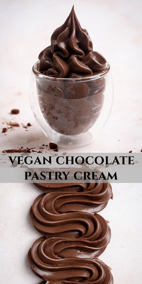 This vegan chocolate pastry cream is easy to make in under 10 minutes with just 7 ingredients and no eggs, dairy or coconut.  It is rich, smooth and creamy, not too sweet, with a delicious chocolate flavour and it holds its shape when piped. Use it to fill tarts, cakes, pies, doughnuts and other desserts. Best Non Dairy Desserts, Vegan Cream Recipe, Vegan Baileys Recipe, Dairy Free Pastry Cream, Vegan Italian Dessert Recipes, Fall Baking Vegan, Vegan Cake Filling, Vegan Pastry Cream, Vegan Cream Puffs