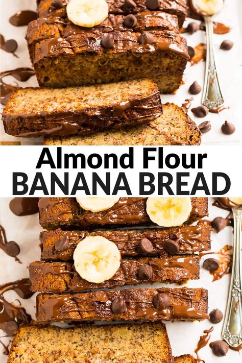 Easy Almond Flour Banana Bread made in one bowl and bursting with banana flavor! Super moist, healthy, naturally sweetened (so it's Paleo friendly), and naturally gluten free. Delicious with chocolate chips or enjoy it plain for a high protein, low carb breakfast. Easy Paleo Banana Bread, Banana Bread Using Almond Flour, Banana Bread With Almond Flour Recipes, Banana Bread Recipe Healthy Almond Flour, Healthy Banana Bread Almond Flour, Banana Bread Recipe Almond Flour, Banana Bread With Almond Flour, High Altitude Banana Bread, High Protein Banana Bread