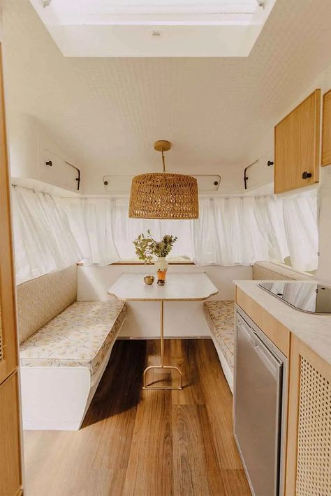 Take a tour through this vintage caravan renovation | Home Beautiful Caravan Interior Makeover, Vintage Caravan Interiors, Caravan Vintage, Kombi Motorhome, Caravan Decor, Camping Vintage, Caravan Makeover, Airstream Interior, Caravan Renovation