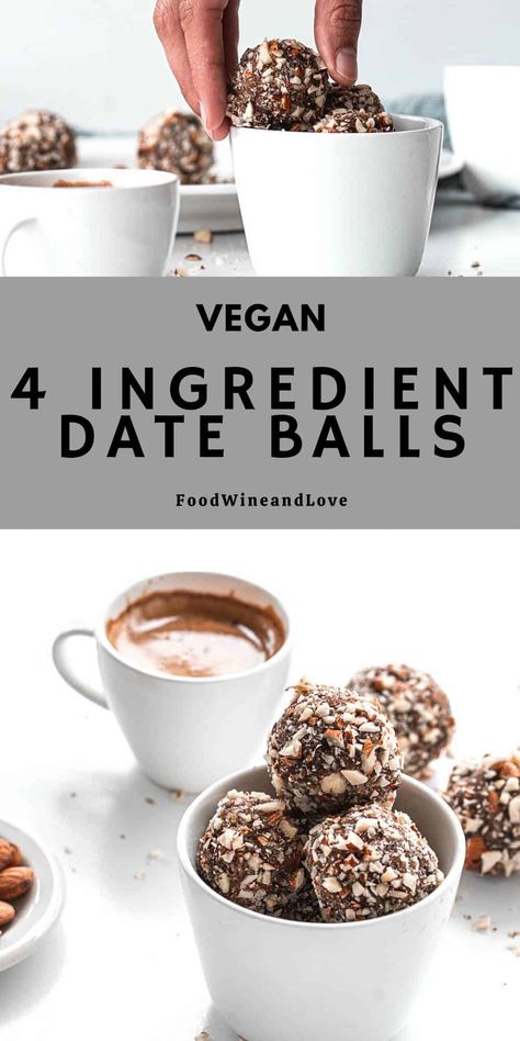 4 Ingredient Date Balls, a simple vegan diet recipe for energy treats that is made with dates and almonds. Desserts With Dates, Date Recipes Desserts, Glutenfri Baking, Energy Balls Healthy, Date Balls, Vegan Diet Recipes, Date Recipes, 4 Ingredient, Balls Recipe