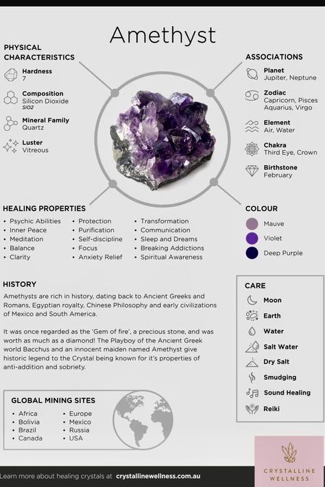 Types Of Quartz Crystals, Amythest Crystals Meanings, Amythist Stones, Amethyst Cleansing, Crystal Healing Chart, Amethyst Properties, Crystal Properties, Crystal Guide, Witch Spell Book