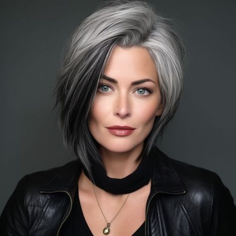 Grayish Hair Color, Older Women Gray Hairstyles, Colored Gray Hair, Silver Hair With Dark Underneath, Silver Hair Highlights Short Hair, Grey Hair With Dark Underneath, Black To Grey Hair Transformation, Youthful Gray Hairstyles, Short And Shaggy Hairstyles