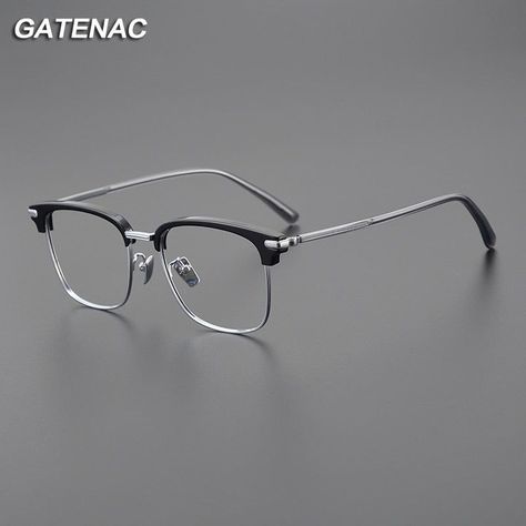 Gatenac Men's Full Rim Square Acetate Titanium Eyeglasses Gxyj1044 - Silver Cool Glasses Frames For Men, Mens Eyeglasses Latest Trends, Men’s Glasses Frames, Glasses On Men, Eye Frames Men, Best Glasses For Men, Men Glasses Style, Men Glasses Frames, Square Glasses Men