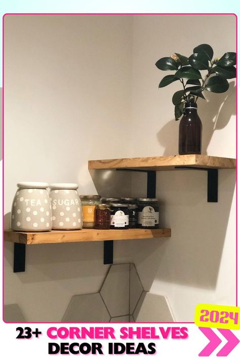 Small wooden floating corner shelves decor with black brackets for a modern yet simple look. These compact shelves fit perfectly in small spaces, ideal for kitchens or nooks, providing both style and function with their minimalist, versatile design. Corner Shelves Decor Ideas, Corner Shelves Decor, Shelves Decor Ideas, Corner Kitchen Shelves, Corner Shelf Decor, Shelf Decor Ideas, Corner Shelf Ideas, French Cottage Decor, Shelves Decor