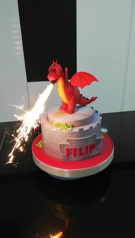 Red Dragon Cake, Dragon Themed Cake, Dragon Castle Cake, Dragon Cake Ideas Simple, Dragon Bday Party, Dragon Cupcake Cake, Dragon Party Ideas For Kids, Spyro Cake, Dragon Cakes For Kids