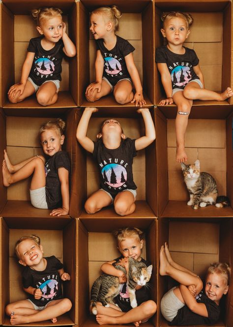 Toddler photography #cardboardbox #boxcollage #toddlerphotography Cardboard Box Kids Photoshoot, Baby In A Box Photography, At Home Photoshoot Ideas Kids, In The Box Photography Diy, Box Photoshoot Diy, Cardboard Box Photoshoot, Box Pictures Ideas, Box Photography Ideas, Photo Box Ideas