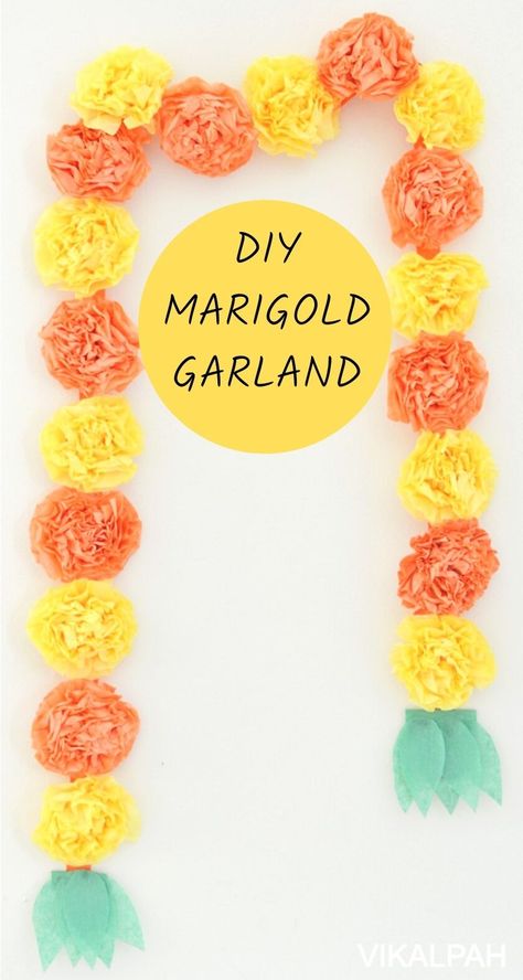 DIY Marigold garland from tissue paper flowers Diy Halloween Decorations Tissue Paper, Diy Paper Marigold Flower, Tissue Flower Garland, Paper Marigold Garland Diy, Diy Marigold Flowers Tissue Paper, Marigold Tissue Paper Flowers, Marigold Craft For Kids, Wrapping Paper Flowers Diy, How To Make Marigold Garland