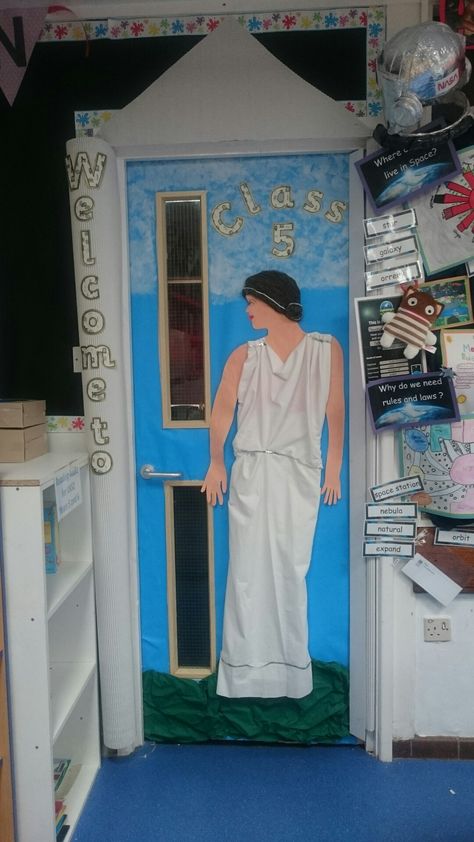 Ancient Greek classroom door display KS2 Romans Classroom Display, Ancient Greece Classroom Decorations, Ancient Greek Display Ks2, Ancient Greece Decorations, Ancient Greece Ks2, Ancient Greece Display, Classroom Door Displays, Ancient Greece Art, Teaching Displays