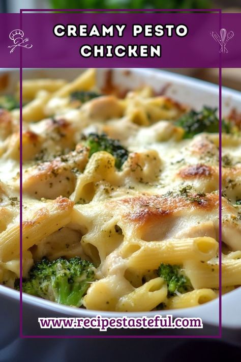 A rich and creamy pasta bake featuring tender chicken, vibrant broccoli, and a flavorful pesto sauce, all baked to perfection for a comforting family meal. Pesto Chicken And Broccoli, Chicken And Broccoli Pasta Bake, Chicken And Broccoli Pasta, Creamy Pesto Chicken, Creamy Pesto Chicken Pasta, Broccoli Pasta Bake, Creamy Pasta Bake, Chicken Broccoli Pasta, Chicken Broccoli Cheese