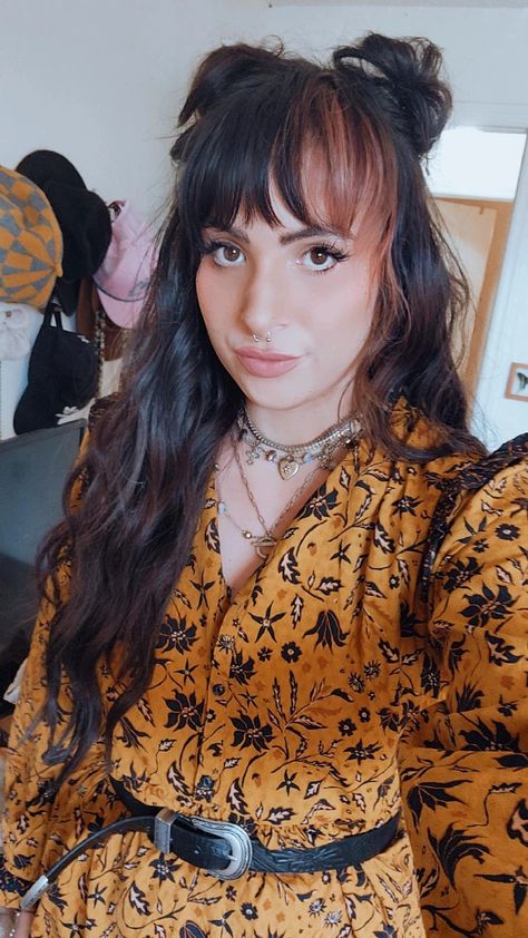 Boho style fliral print rose gold half babgs Shoulder Length Space Buns, Half Up Half Down Space Buns Curly Hair, Festival Hair Bangs, Space Buns Bangs, Half Bangs, Space Buns Half Up Half Down, Space Buns With Bangs, Space Buns With Braids, Beyonce Mood