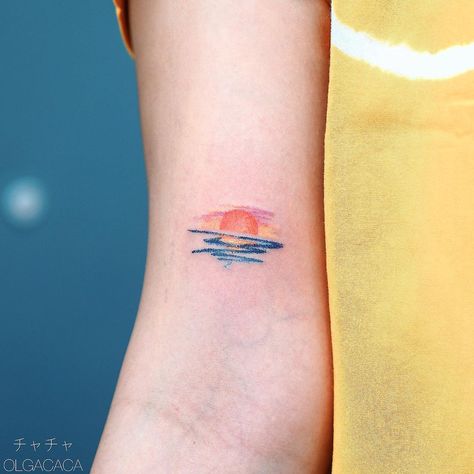 Sunset Tattoo With Color, Rainbow Sunset Tattoo, Small Sunset Tattoo Color, Sunset Tattoo Minimalist Colored, Sunset Over Water Tattoo, Abstract Sunset Tattoo, Watercolor Sunset Tattoo, Sunset Tattoo Color, River Tattoo For Women