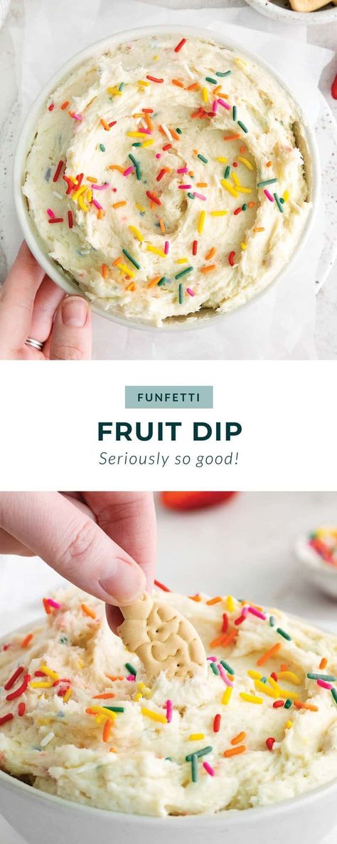 Funfettip dip is made with funfetti cake mix, whipping cream, cream cheese, and sprinkles for the ultimate dessert dip! Funfetti Fruit Dip, Funfetti Cream Cheese, Funfetti Dip Recipe, Cake Mix Cream Cheese, Funfetti Dip, Cheesecake Cream Cheese, Cream Cheese Whipped Cream, Recipes With Cheese, Cheesecake Cream