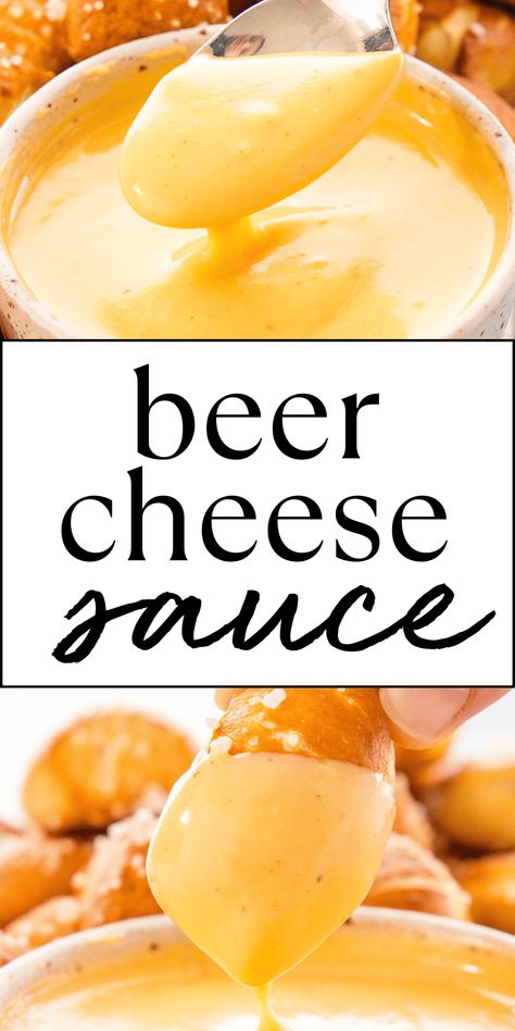 This Beer Cheese Sauce recipe is the BEST cheese sauce you'll ever try! It's rich, creamy, and flavoured with sharp cheddar, and it stays creamy and smooth thanks to a secret ingredient!. Enjoy this homemade cheese sauce on veggies, potatoes, pasta, or as a dip for your favourite appetizers. Recipe from thebusybaker.ca! #cheesesauce #beercheesesauce #homemadecheesesauce #easycheesesauce #sauce #appetizer #dip #nachos #nachodip #easyrecipe #partyfood via @busybakerblog Creamy Cheddar Cheese Sauce, Hot Dog Cheese Sauce, Sharp Cheddar Cheese Dip, Fry Cheese Sauce, Beer Cheese Sauce Pasta, Smoked Gouda Cheese Sauce, Auntie Annes Cheese Sauce Copycat, Beer Cheese Sauce For Burgers, Beer Cheese Nachos