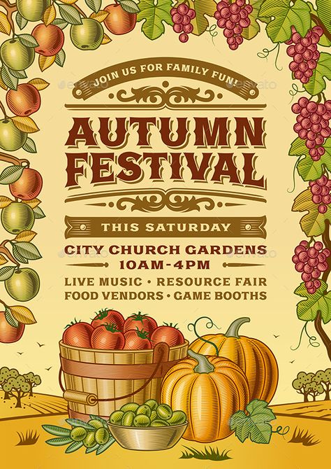 Vintage autumn festival poster in woodcut style. Editable vector illustration with clipping mask. Texts on this illustration are m Fall Fest Activities, Fall Festival Poster, Autumn Graphic Design, Church Harvest Festival, Fall Posters, Autumn Posters, Autumn Poster Design, Tea Ads, Farmers Market Logo