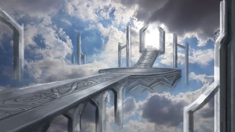 Gateway to Heaven, Ayman B on ArtStation at https://www.artstation.com/artwork/xYdAxr Heavenly Fantasy World, Heaven Concept Art, Heaven Fantasy Art, Fantasy Gateway, Domain Expansion Ideas, Heaven Landscape, Gateway To Heaven, Fallen Angel Art, Interior Concept Art