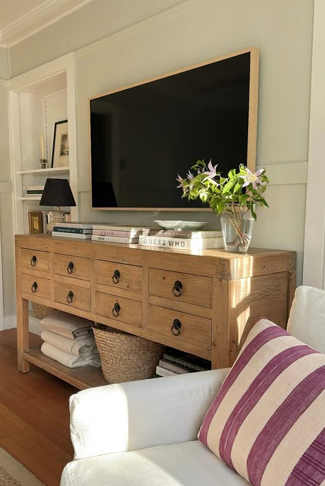 Under The TV II - Harlowe James Tv Area Decor, Under Tv Decor, Tv Corner, Sideboard Decor, Tv Area, Morning Sunlight, Wooden Tv, Tv Frame, My Apartment