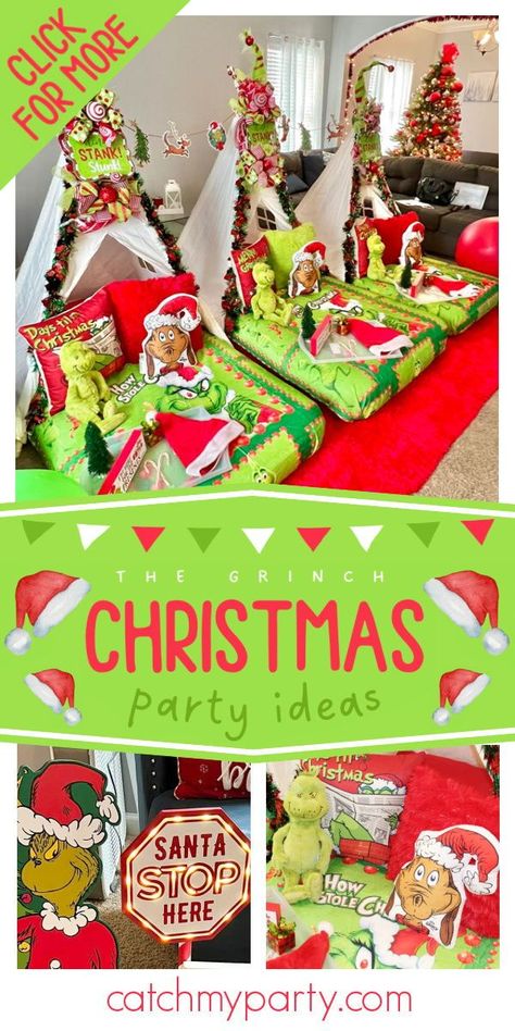 Check out this jolly Grinch-themed Christmas sleepover! The teepees are so much fun! See more party ideas and share yours at CatchMyParty.com Grinch Teepee Party, Grinch Christmas Sleepover, Grinch Sleepover Party, Christmas Sleepover, Christmas Party Decorations Diy, Sleepover Christmas, Christmas Party Ideas, Teepee Party, Grinch Party