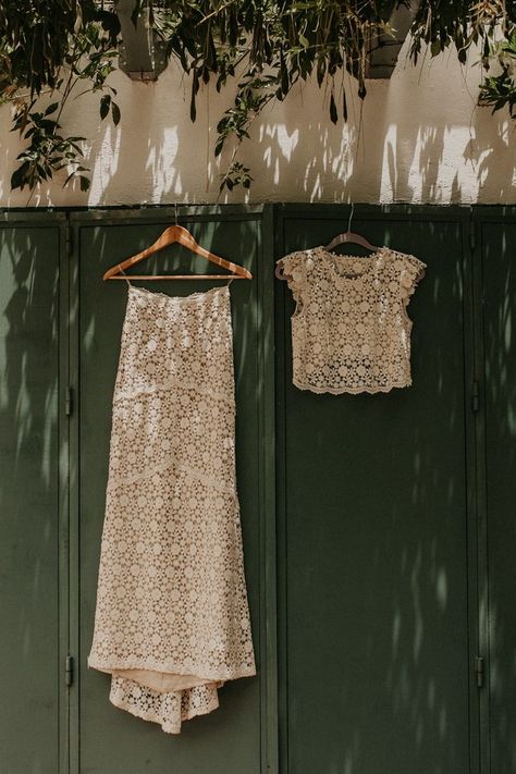 Laid-Back Spanish Fiesta Wedding at Casa del Rio | Junebug Weddings Two Piece Wedding Dress Crop Tops, Wedding Dress Crop Top, Dress Crop Top, Crop Top Wedding Dress, Simple Lace Wedding Dress, Crochet Wedding Dresses, Fiesta Wedding, Two Piece Wedding Dress, Wedding Spain