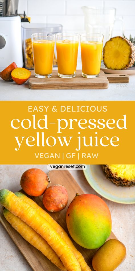 Squeeze out the sunshine 🌞 with this quick & easy Cold-Pressed Yellow Juice Recipe. Packed with fresh, juicy pineapple🍍, creamy mango🥭, sweet yellow carrots 🥕, and earthy golden beets. A zing from ginger makes this juice hydrating, raw vegan and absolutely delicious🍹. Perfect for a healthy start! 💛 High Carb Vegan Recipes, Press Juice Recipes, Cold Press Juice Recipes, Yellow Juice, Cold Pressed Juice Recipes, Quick Easy Vegan Recipes, High Carb Vegan, Beet Juice Recipe, Mango Sweet